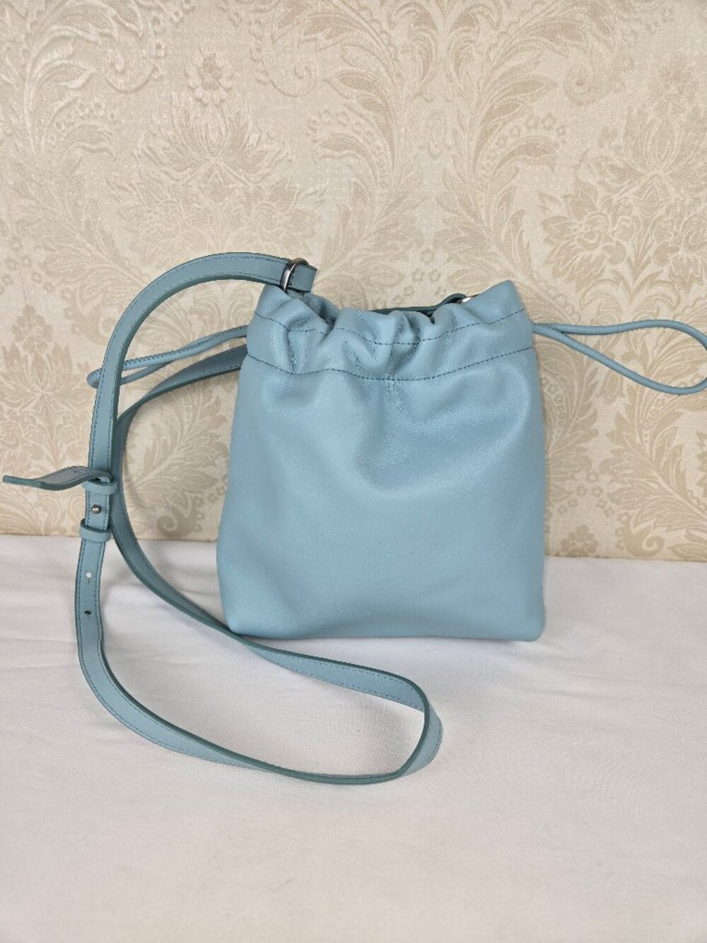 Fossil Light Blue Drawstring Bucket Bag Cow HIde Leather Textile Fabric Lining